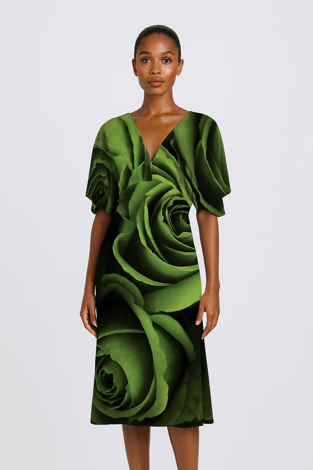 Green Roses - Satin Skirt V-neck Dress