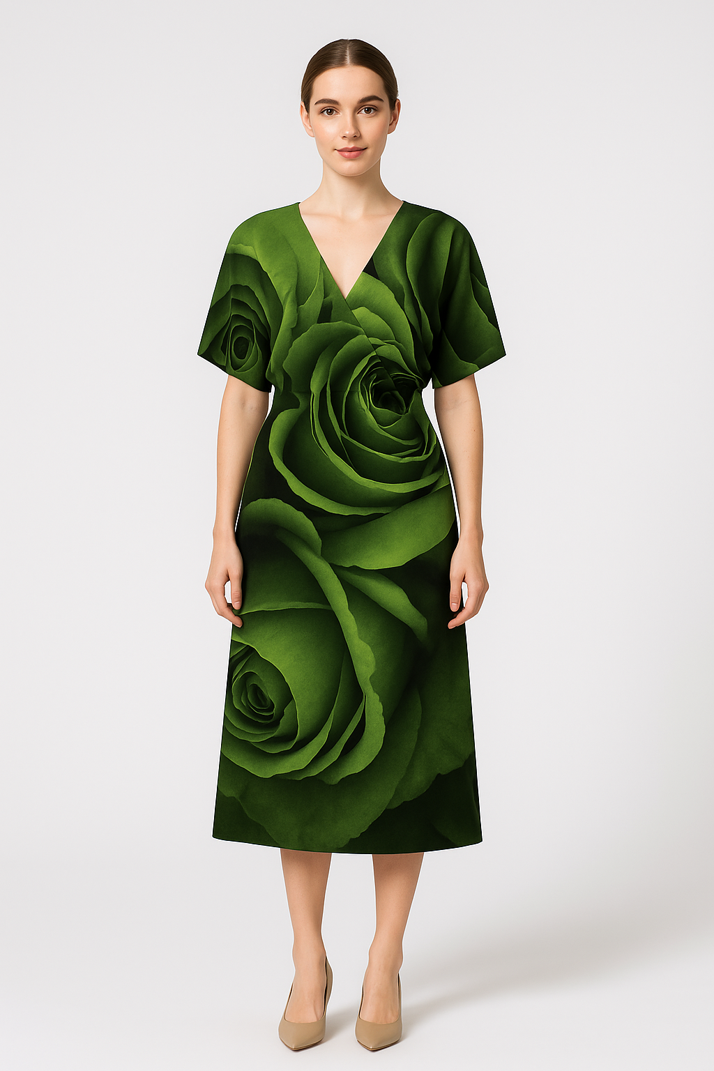Green Roses - Satin Skirt V-neck Dress