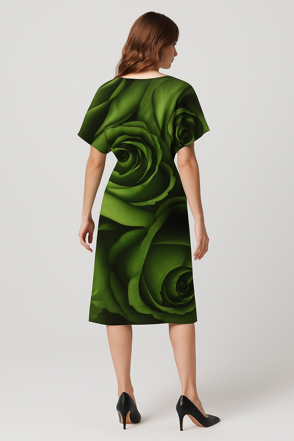 Green Roses - Satin Skirt V-neck Dress