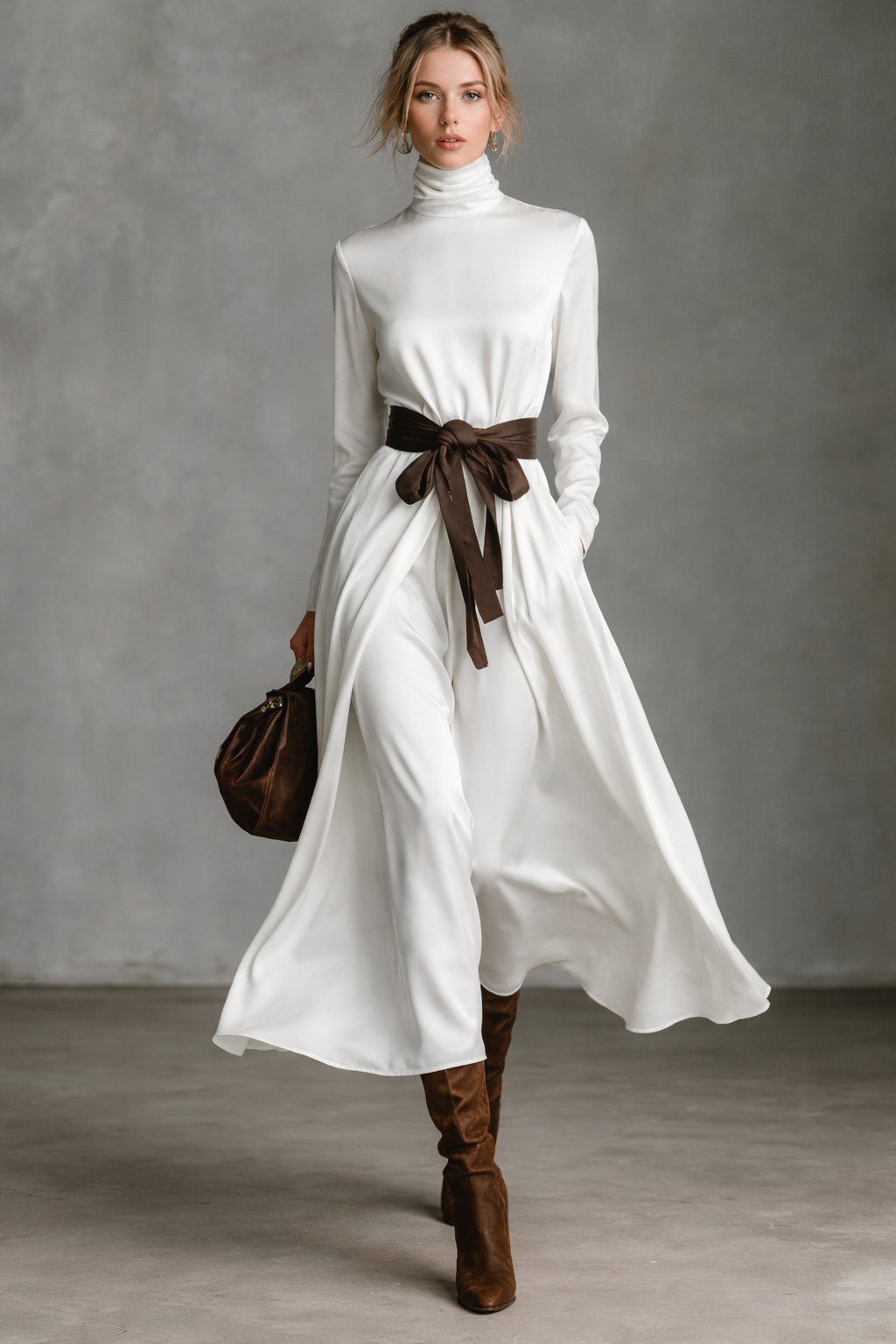 Turtleneck Tie Waist Midi Dress
