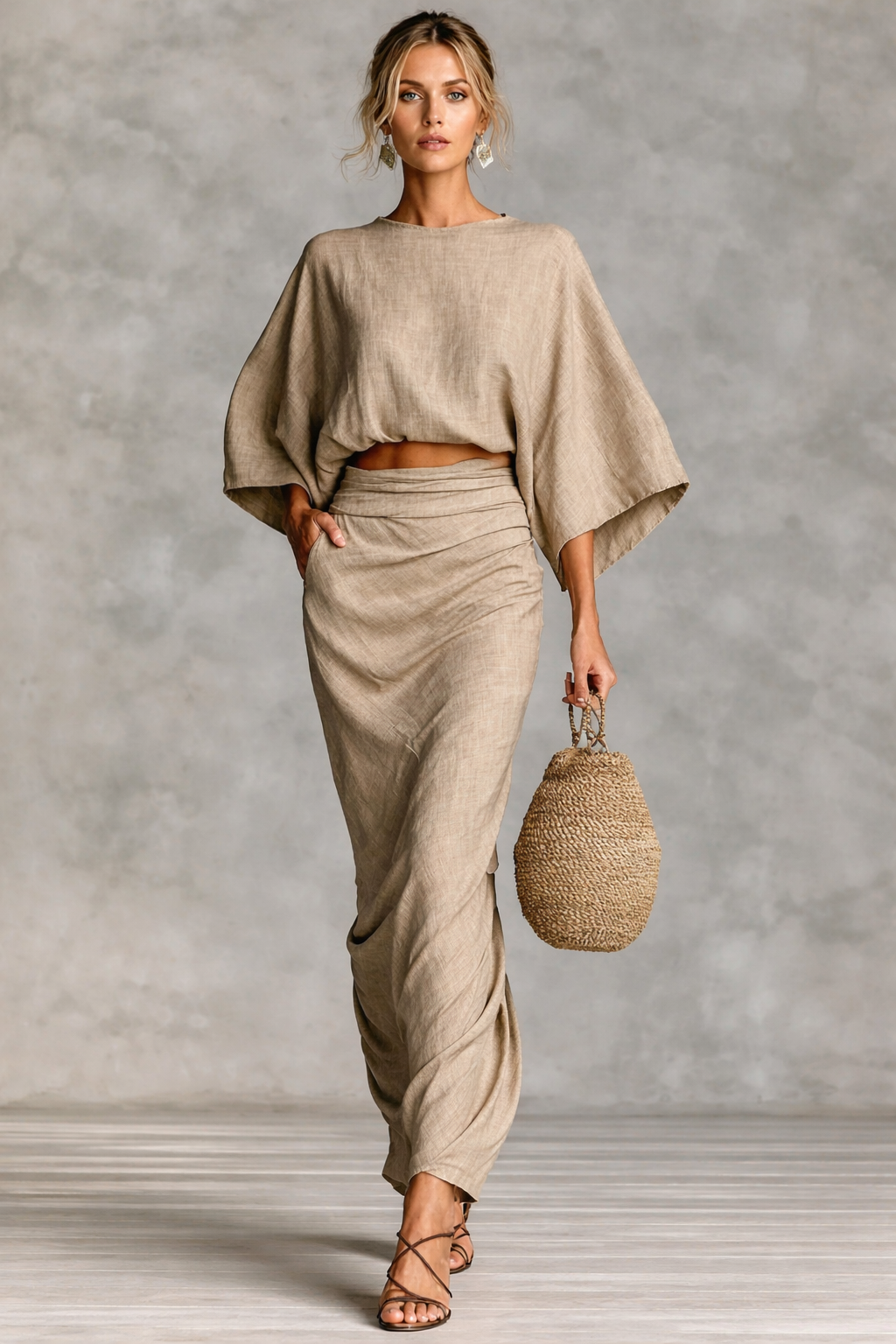 Full Size Kimono Sleeve Top and Ruched Skirt Set Plus Size