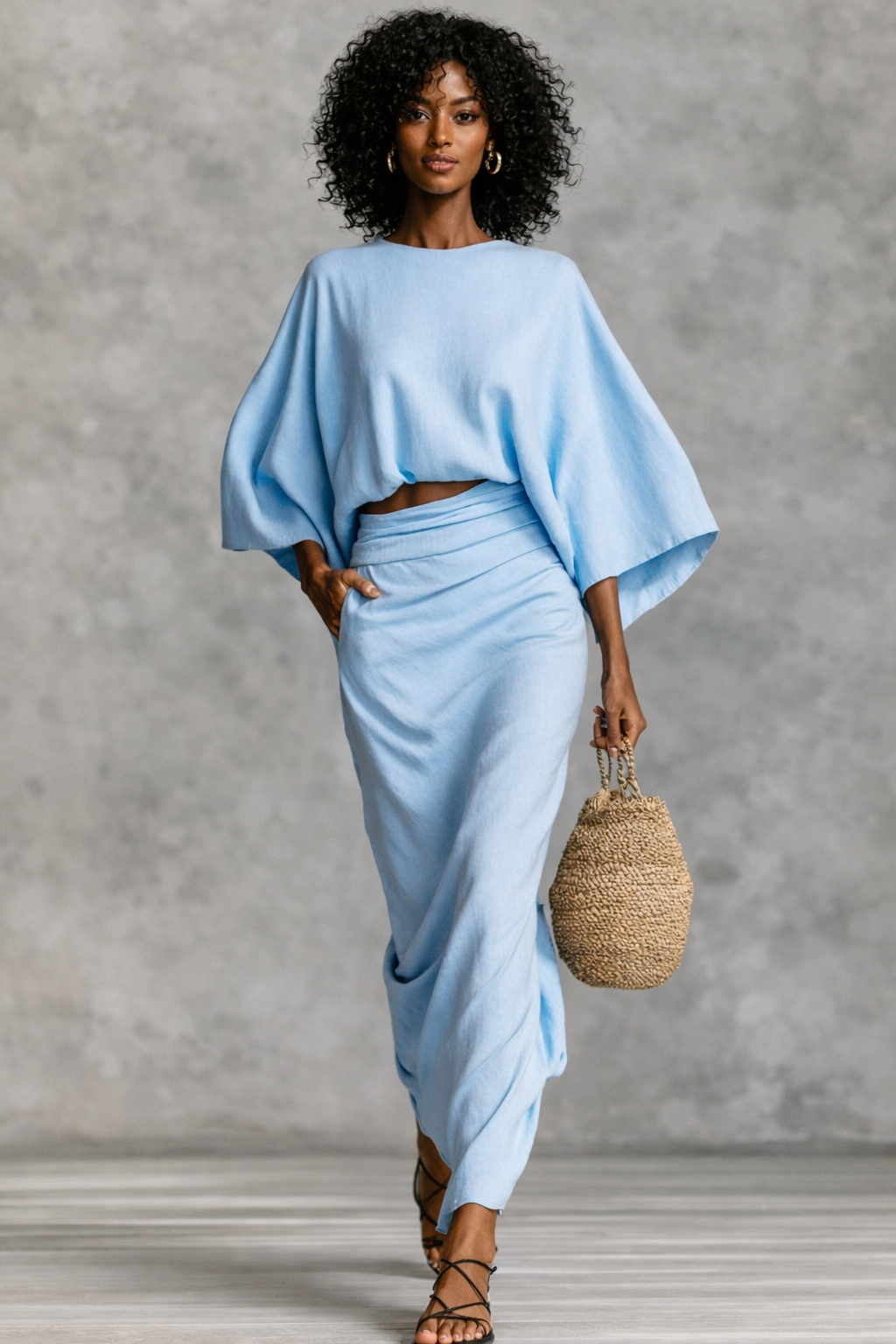 Full Size Kimono Sleeve Top and Ruched Skirt Set Plus Size