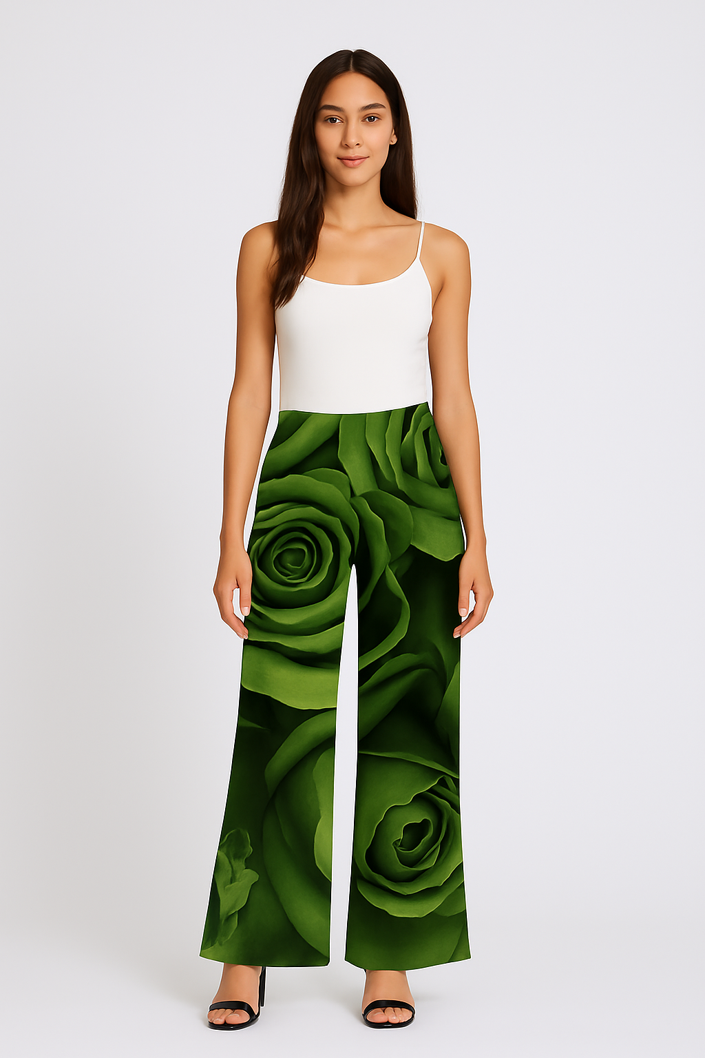 Satin Skirt Palazzo - green roses and bold fuchsia petals.