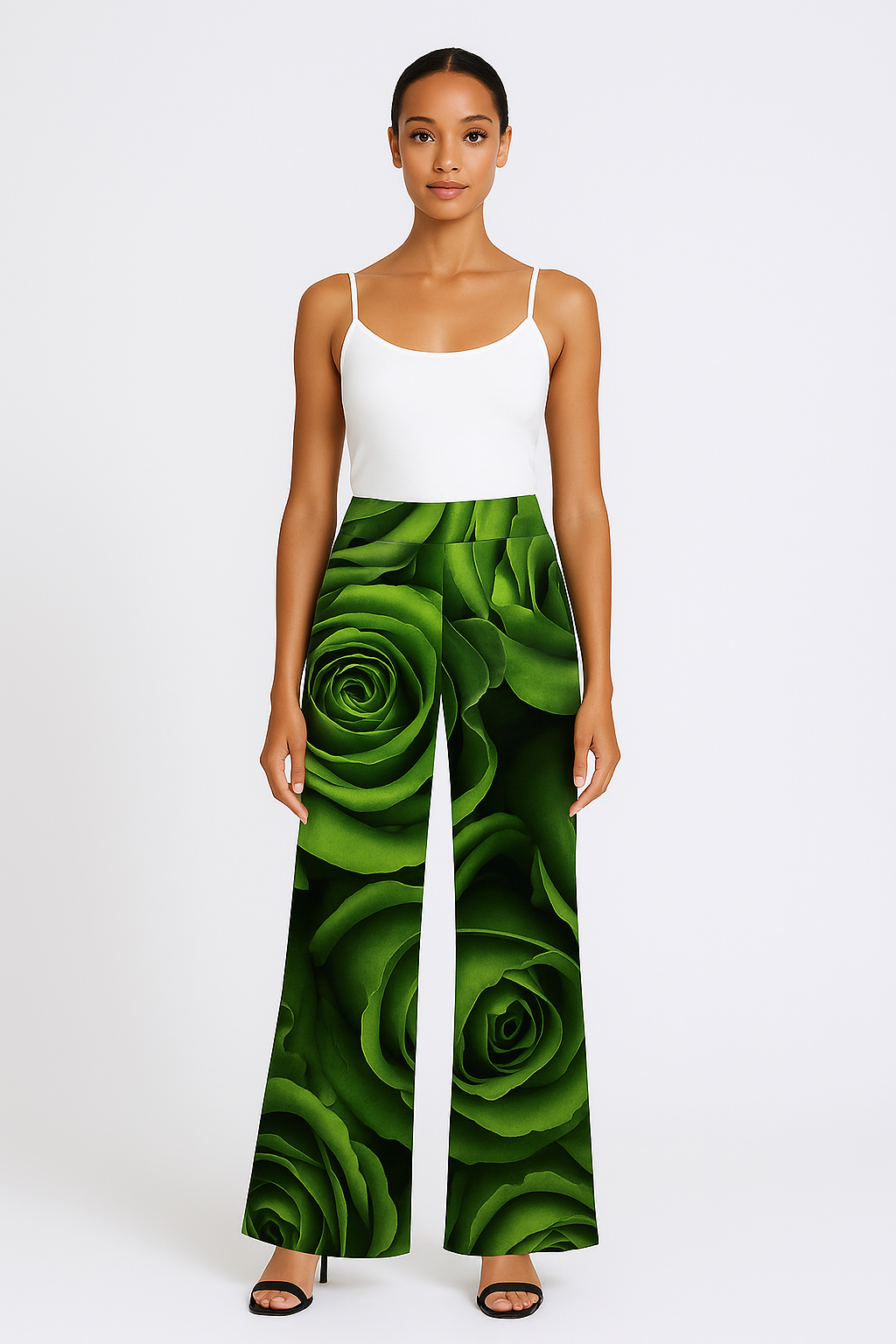 Satin Skirt Palazzo - green roses and bold fuchsia petals.
