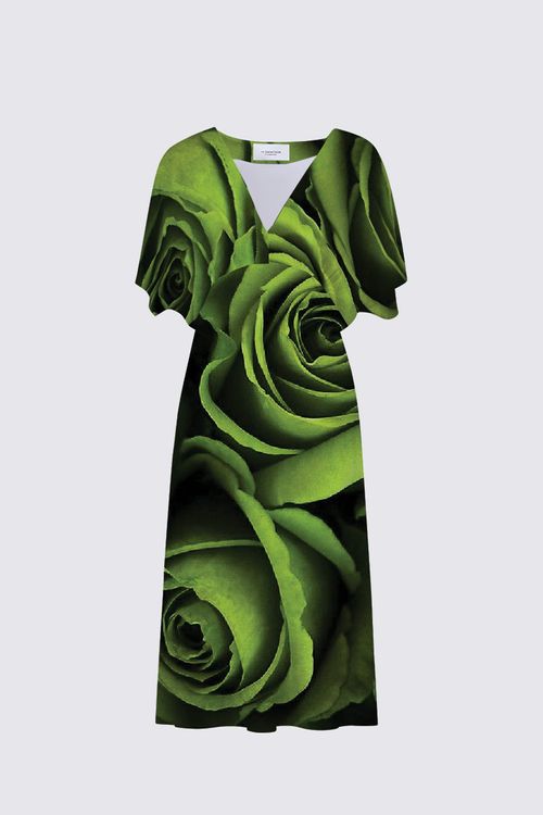 Green Roses - Satin Skirt V-neck Dress
