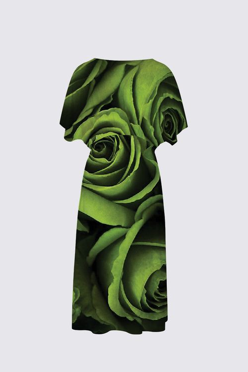 Green Roses - Satin Skirt V-neck Dress