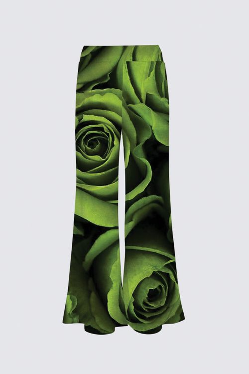 Satin Skirt Palazzo - green roses and bold fuchsia petals.