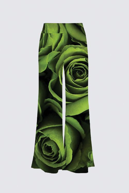Satin Skirt Palazzo - green roses and bold fuchsia petals.