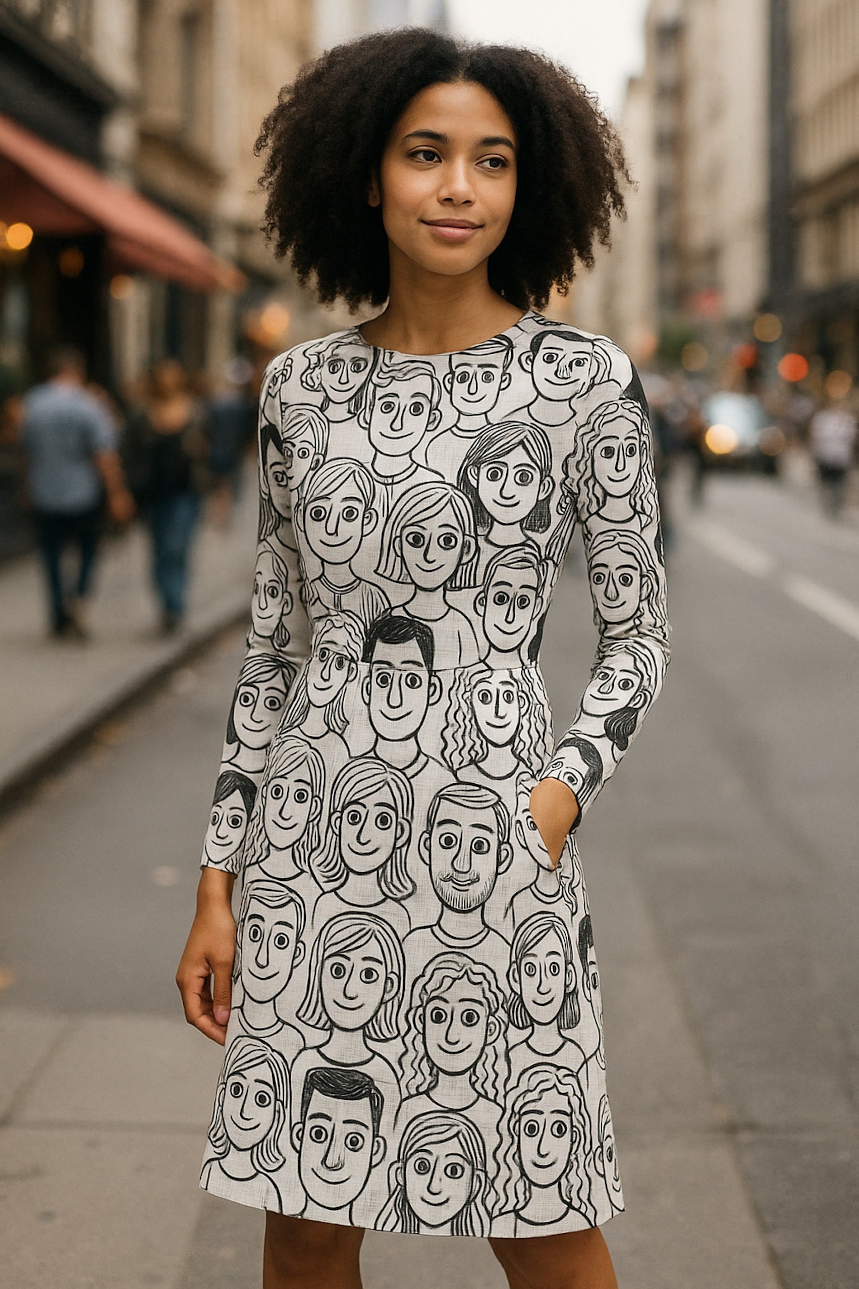 Long Sleeve Midi Dress with Doodle Face Print