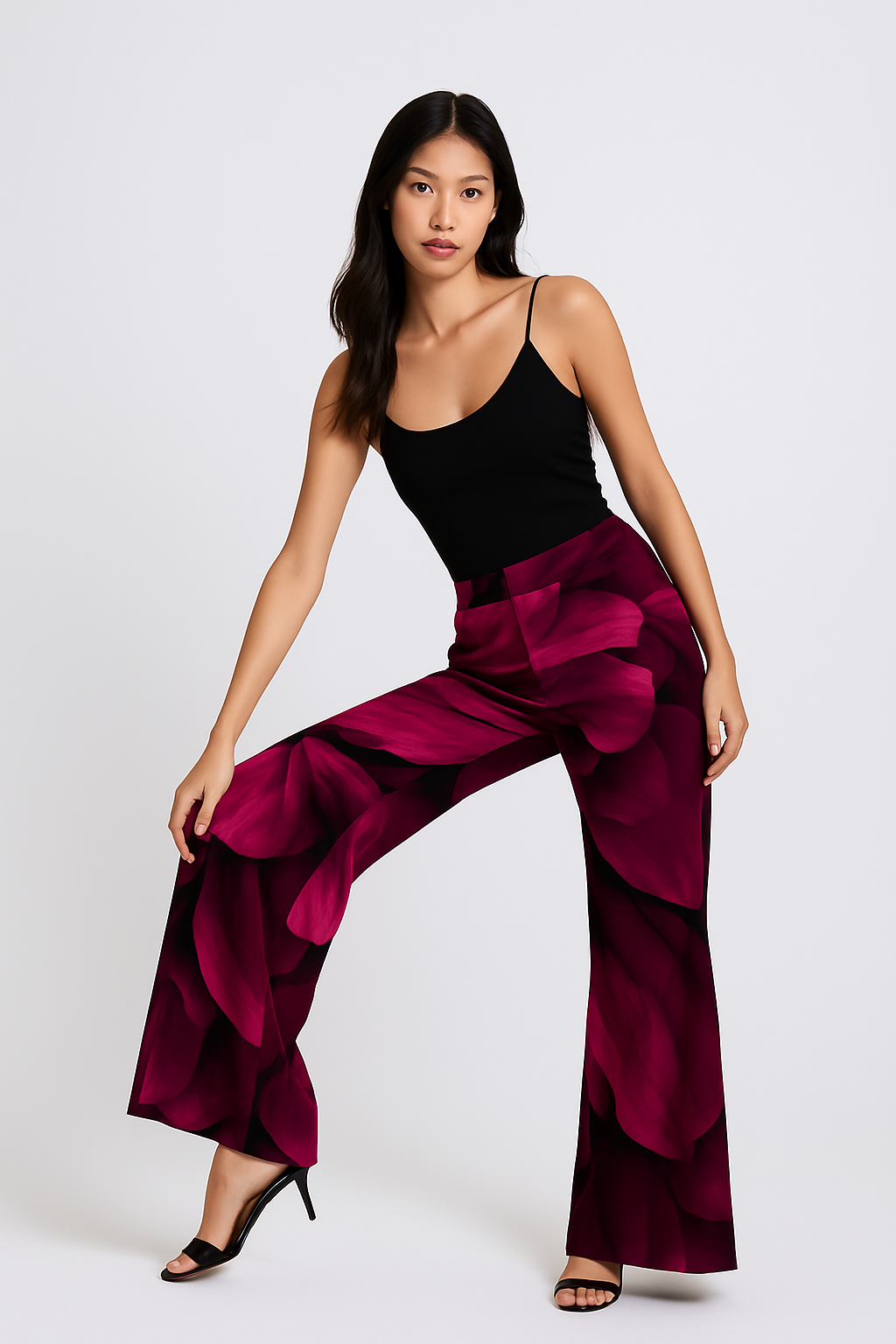 Satin Skirt Palazzo - green roses and bold fuchsia petals.